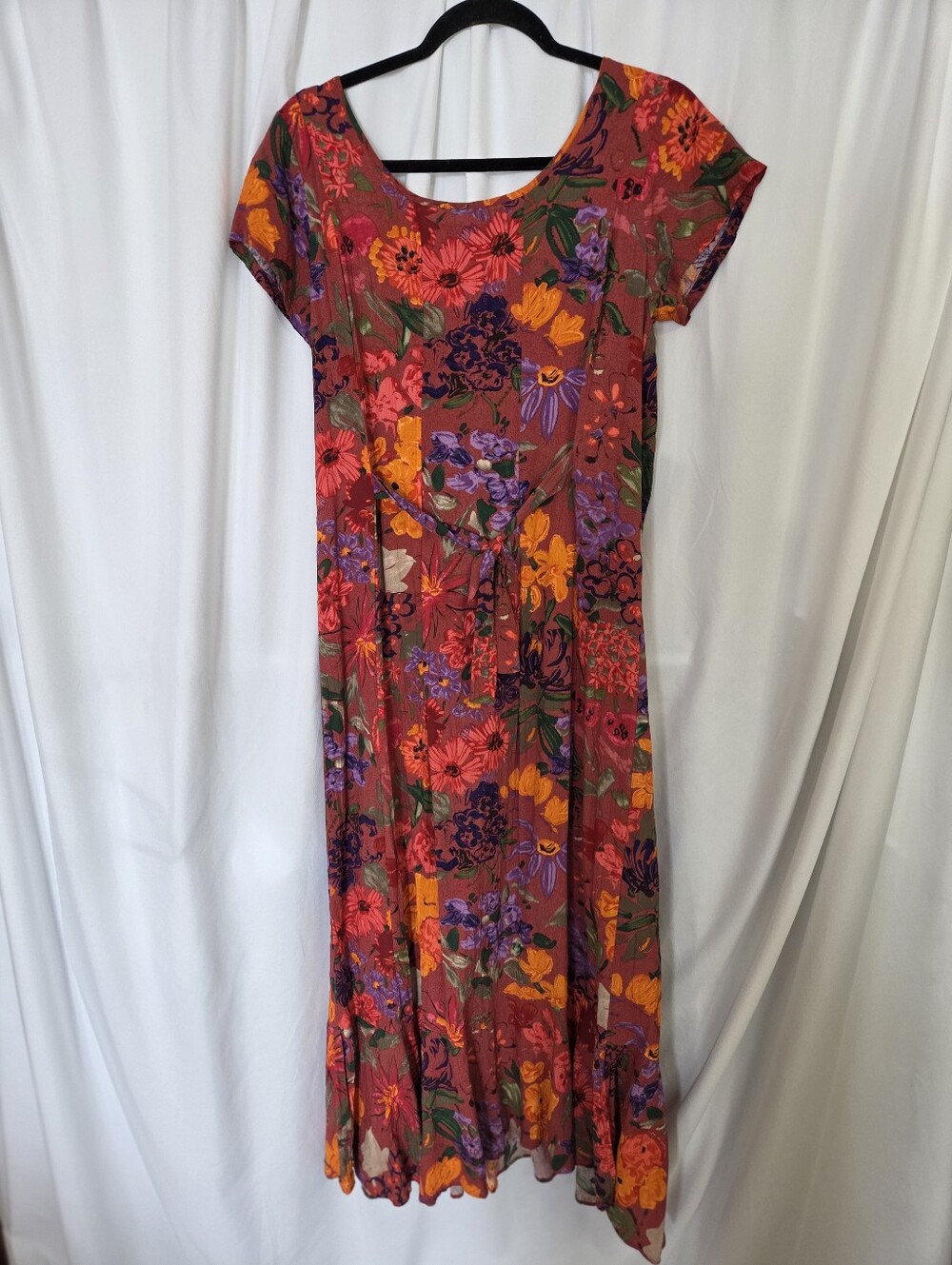 Jams World Redish Floral Scoop Neck Maxi Dress with Orange/Purple Blooms Size L - Picture 4 of 9